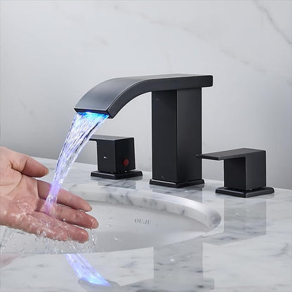 Bathroom faucets 3 Hole Widespread Modern Bathroom Sink Faucet 8 inch Matte Black Bathroom 3 Hole LED Light Waterfall Vanity Faucet Sink with Pop Up Drain (Matte Black)