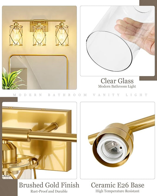 3-Light Brushed Gold Bathroom Light Fixtures, 21 Inch Modern Bathroom Vanity Lighting Fixtures Over Mirror with Clear Glass and Metal Cage Wall Sconce Lights for Bath, E26, CH9176BG-3W