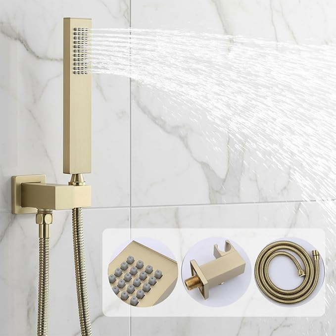 3 Functions Shower Head System Brushed Gold Shower Faucet Set | 16X26 inch Ceiling Shower, 6 Body Jet, Handheld Shower, Temperature Display, 5 Functions Can All Run Together