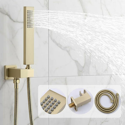 3 Functions Shower Head System Brushed Gold Shower Faucet Set | 16X26 inch Ceiling Shower, 6 Body Jet, Handheld Shower, Temperature Display, 5 Functions Can All Run Together