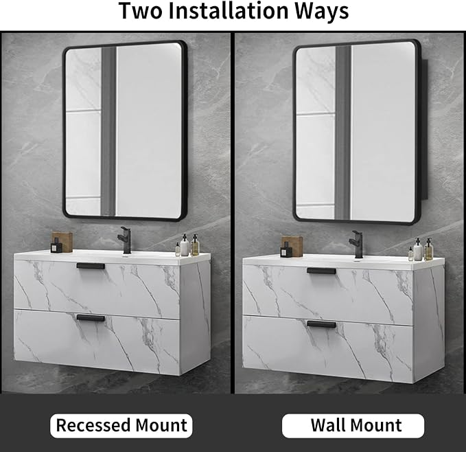Movo Medicine Cabinet with Mirror, 20 Inch x 28 Inch Farmhouse Black Metal Framed Rectangle Bathroom Mirror Cabinet, Recess or Surface Mount