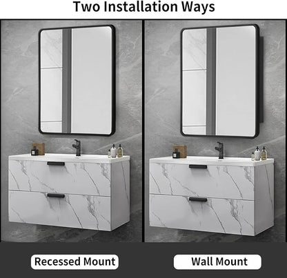 Movo Medicine Cabinet with Mirror, 20 Inch x 28 Inch Farmhouse Black Metal Framed Rectangle Bathroom Mirror Cabinet, Recess or Surface Mount