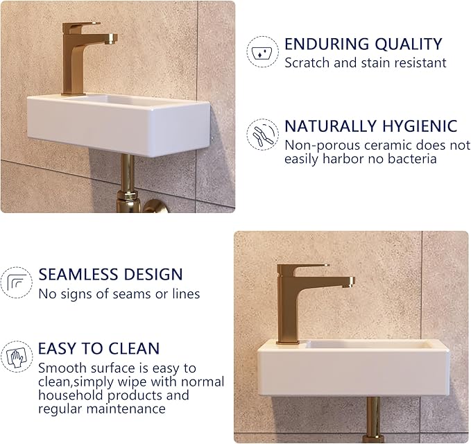 Small Bathroom Sink DeerValley, 15"x7" Mini Rectangle Wall Mount Vessel Sink for Bathroom Powder Room Cloakroom, Floating Space Saving Design, Easy to Clean White Ceramic Wash Basin (Left Hand)