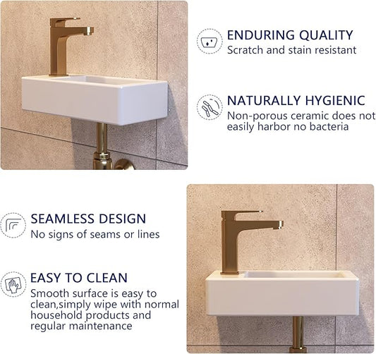 Small Bathroom Sink DeerValley, 15"x7" Mini Rectangle Wall Mount Vessel Sink for Bathroom Powder Room Cloakroom, Floating Space Saving Design, Easy to Clean White Ceramic Wash Basin (Left Hand)