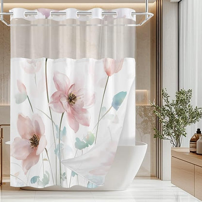 No Hook Shower Curtain and Liner Set, Light Pink Boho Floral 71x74 | Watercolor Boho Flower, with Snap in Liner, Mesh Top Window, Waterproof, Machine Washable, Quick-Drying, for Hotel Bathroom