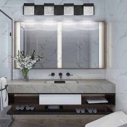30.5 Inch 4 Light Bubble Black Crystal Bathroom Vanity Light Fixture, LED Over Mirror, Modern, 6000K