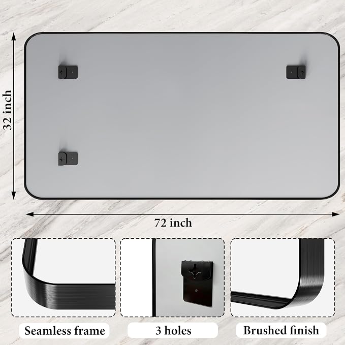 72 x 32 Inch Black Metal Framed Bathroom Mirror for Wall, Matte Framed Rounded Rectangular Modern Mirrors for Over Sink, Anti-Rust, HD Tempered Glass, Farmhouse, Hangs Horizontally or Vertically