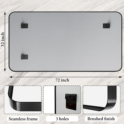 72 x 32 Inch Black Metal Framed Bathroom Mirror for Wall, Matte Framed Rounded Rectangular Modern Mirrors for Over Sink, Anti-Rust, HD Tempered Glass, Farmhouse, Hangs Horizontally or Vertically