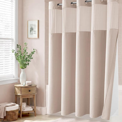 Blush Pink Hook Free Waffle Shower Curtain & Snap-in Liner,72x99 | Less Time to install, 3 in 1 Fabric Shower Curtain and Liner Set with Magnets, Extra Long, Shower Curtains for Bathroom