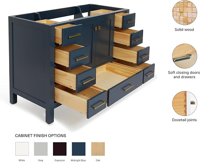 ARIEL Cambridge 48-inch Bathroom Vanity Base Cabinet,Solid Wood, 2 Soft Closing Doors, 9 Dovetail Drawers, Midnight Blue