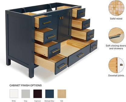 ARIEL Cambridge 48-inch Bathroom Vanity Base Cabinet,Solid Wood, 2 Soft Closing Doors, 9 Dovetail Drawers, Midnight Blue