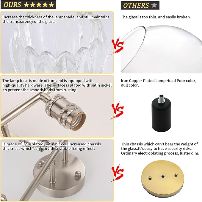 Bathroom Light Fixtures, 3-Light Vanity wall Light Over Mirror with Clear Tulip Glass Shade for Bedroom Living Room (Bulb Not Included), Satin Nickel