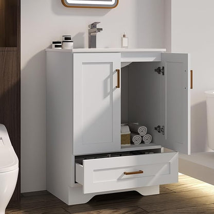 24 inch Bathroom Vanity with Sink, Modern White Vanity for Bathroom with Undermount Ceramic Sink, Freestanding 2-Door & 1-Drawer Storage Cabinet, for Small Bathroom Space, (White, 24")