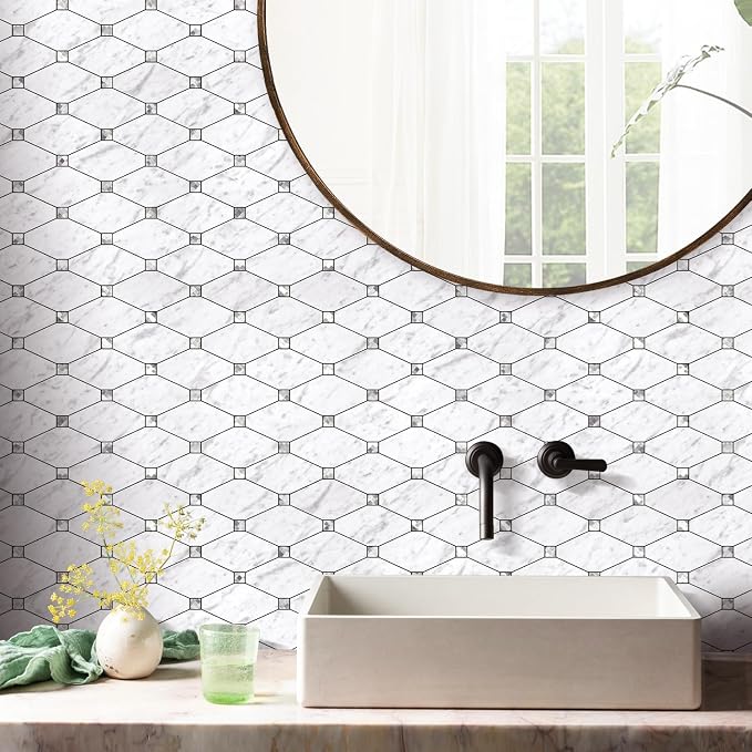 STICKGOO 10 Sheets Peel and Stick Backsplash, Carrara White | Stick on Mosaic Tiles for Kitchen Wall Decor, Long-Lasting, PVC Mixed Glass, Ideal for Vanities, Bathrooms