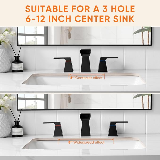 Matte Black Bathroom Faucet 3 Holes Two Handles Lavatory Vanity Sink Faucet Widespread 8 Inch Waterfall with Supply Hoses Stainless Steel