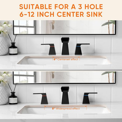 Matte Black Bathroom Faucet 3 Holes Two Handles Lavatory Vanity Sink Faucet Widespread 8 Inch Waterfall with Supply Hoses Stainless Steel