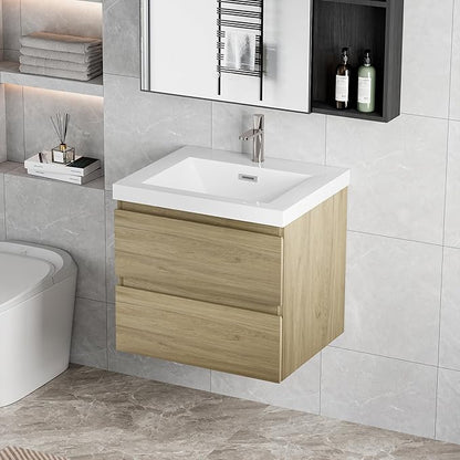 Floating Vanity Bathroom, 24 Inch Bathroom Vanity with Sink, Wall Mounted Single Sink Bathroom Vanity, Soft Closed 2 Drawers, Integrated Sink (Natural Oak)