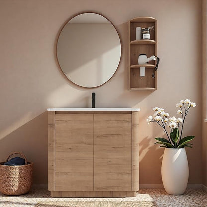 36" Bathroom Vanity with Ceramic Sink, Freestanding Bathroom Vanity with 2-Soft-Close Door, Semicircle Storage Rack & Inside Adjustable Shelves for Home, Farmhouse Floor Mount Vanity, Oak