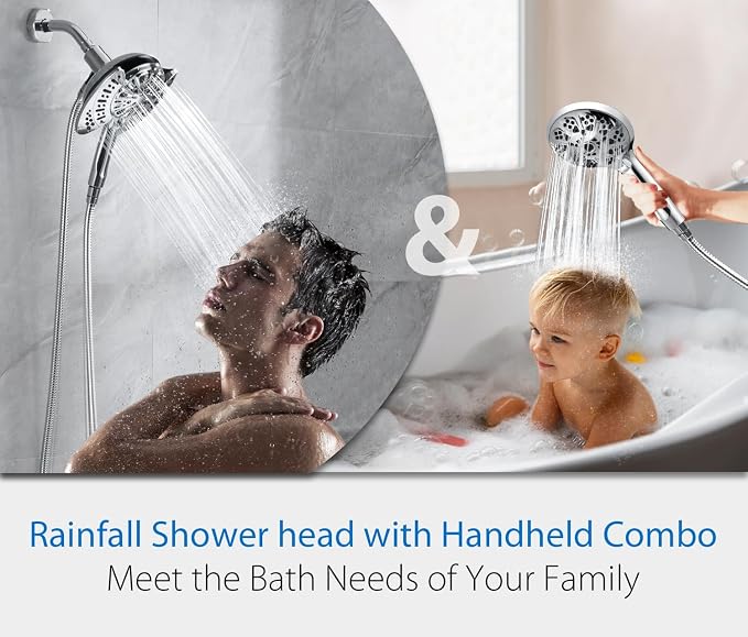 2 in 1 Shower Head with Handheld Combo High Pressure Silver 2.5 GPM | 7.2" Rain Showerhead and 9 Spray Hand Held Shower, Adjustable Shower Angle, 59-inch Rotatable Stainless Steel Hose