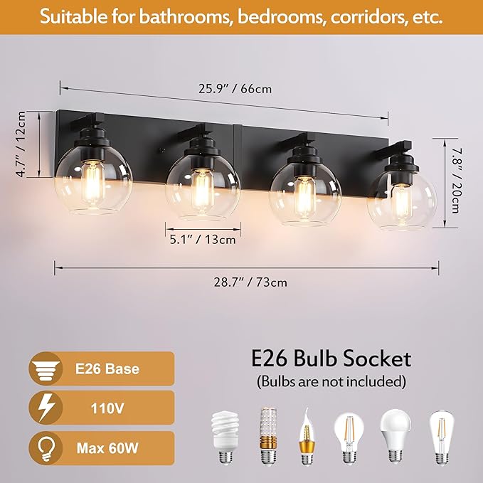 Bathroom Light Fixtures, 4-Light Matte Black Vanity Lights, Modern Bathroom Lighting Fixtures Over Mirror, Farmhouse Vanity Lights with Glass Shade for Living Room, Bedroom, Hallway