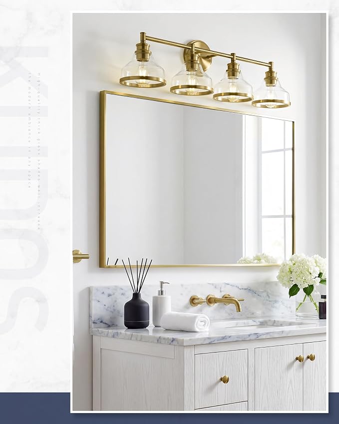 kudos 4-Light Brushed Gold Vanity Light, Clear Glass Shade | 33" bathroom light fixtures over mirror, upward or downward, E26 base, bulbs not included, Hardwired, KDVL20-GD-4