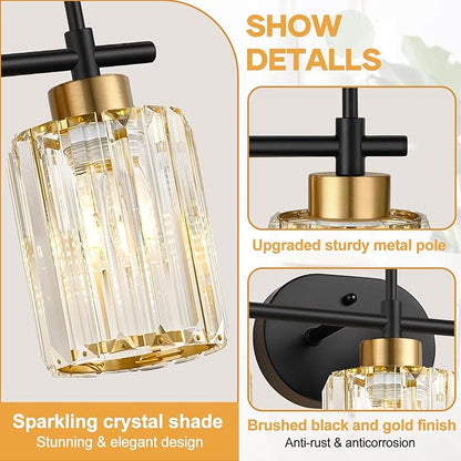 Modern Crystal Bathroom Vanity Light, 4-Light Black and Gold Bathroom Light Fixtures, Clear K9 Crystal Shades, Adjustable Up/Down Mount, E26 Base Wall Sconce (Bulbs Not Included)