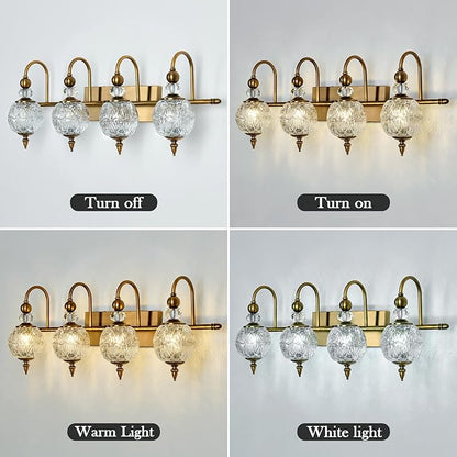 Vintage Bathroom Light Fixtures Gold Vanity Light with Glass Globe LampShade 4 Lights Brushed Brass G9 Bulb Wall Sconce Antique Indoor Vanity Light Over Mirror for Kitchen Bedroom Living Room