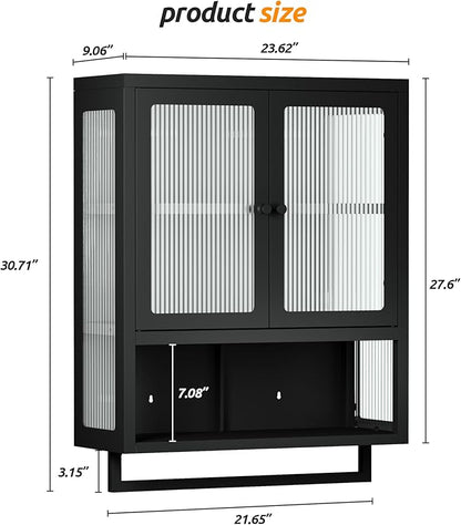 Bathroom Wall Cabinet, Over The Toilet Space Saver Storage Cabinet, Medicine Cabinet with 2 Glass Door and Towel Bar, Metal Wall Mounted Cabinet for Bathroom Laundry Room Kitchen
