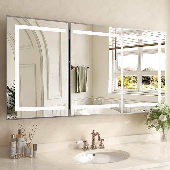 60 x 32 Inch LED Medicine Cabinet with Mirror, Recessed or Surface Mount, Soft Close Hinges, Adjustable Shelves, Silver