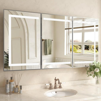60 x 32 Inch LED Medicine Cabinet with Mirror, Recessed or Surface Mount, Soft Close Hinges, Adjustable Shelves, Silver