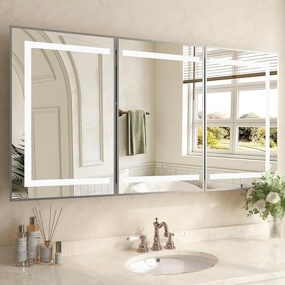 48 x 32 Inch LED Medicine Cabinet with Mirror, Recessed or Surface Mount, Soft Close Hinges, Adjustable Shelves, Silver