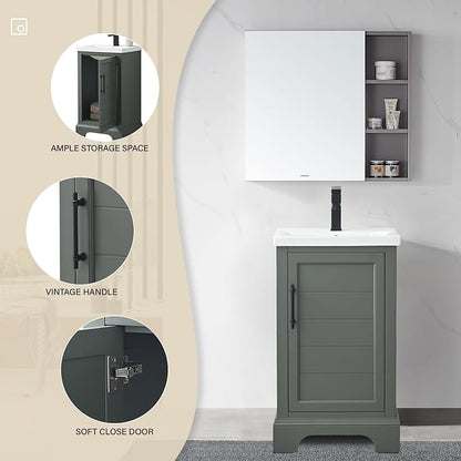 HOMEBEYOND 20 Inch Bathroom Vanity with Single Sink & Ceramic Top, Vanity Cabinet with Center Countertop Basin, Soft-Closing Doors, Vintage Green