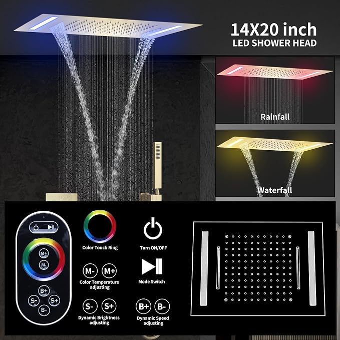 Temperature Display Shower Faucet Set Brushed Gold Shower System with 14X20 inch Rainfall Shower & Waterfall Modes, Handheld Spray