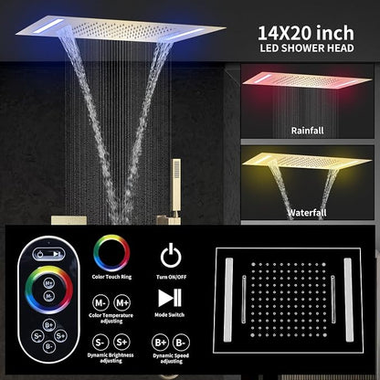 Temperature Display Shower Faucet Set Brushed Gold Shower System with 14X20 inch Rainfall Shower & Waterfall Modes, Handheld Spray