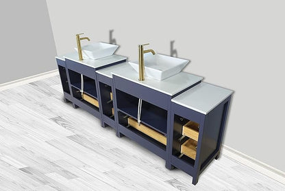 Vanity Art 96 Inch Vessel Double Sink Bathroom Vanity Cabinet with 2 Mirrors, Engineered Marble Top Bathroom Cabinet Compact Set with 13 Dovetail Drawers and Soft Closing Doors, VA3130-96B