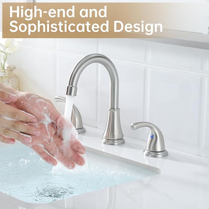Bathroom Faucet 3 Holes, 8 Inch Widespread Faucet 2 Handle Bathroom Sink Faucets Lead-Free Brushed Nickel Bath Sink Faucets with Pop-up Drain Stopper and Supply Hoses