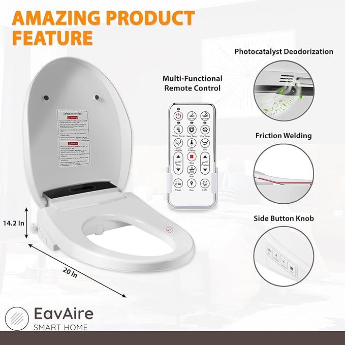 Electric Smart Toilet Seat Bidet with Slow Close Lid Cover, Instant Heated Seat, LCD, Adjustable Water Pressure & Temperature, Dual Positions, Self-Cleaning Nozzle, Night Light- Elongated