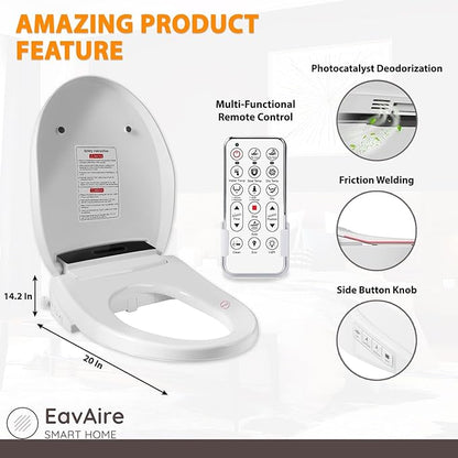 Electric Smart Toilet Seat Bidet with Slow Close Lid Cover, Instant Heated Seat, LCD, Adjustable Water Pressure & Temperature, Dual Positions, Self-Cleaning Nozzle, Night Light- Elongated