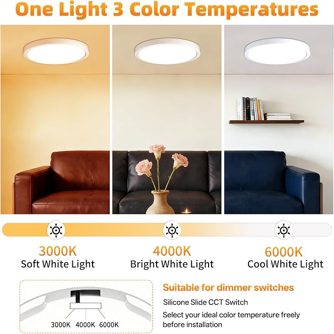 7Inch 2Pack LED Flush Mount Ceiling Light,3CCT,ETL Listed,Dimmable White | Hardwired 3CCT Selectable 3000K-6000K,18W 1400LM Dimmable Round Flat Panel Light Fixture for Bedroom/Kitchen,Bathroom&Indoor