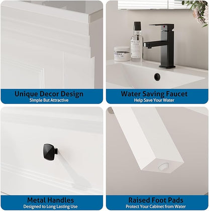 eclife 24" Bathroom Vanity with Sink Combo, Modern Painted Vanities Cabinet with Big Drawers, Opening Bottom Shelf, Raised Foot Pads, Include Undermount White Sink, Faucet & Drain, White