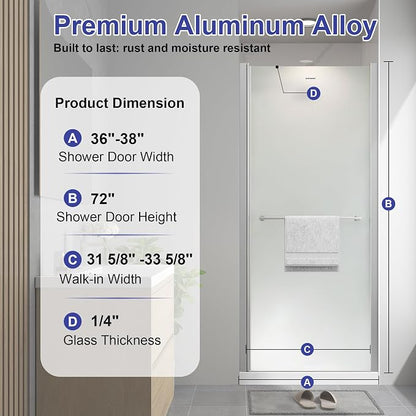 36"-38"W x 72"H Frameless Pivot Frosted Shower Door Brushed Nickel | 1/4"(6mm) SGCC Tempered Glass with Explosion-Proof Film &Nano Coating,Customizable Width