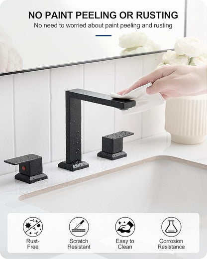 Matte Black Bathroom Sink Faucet 3 Hole, Brass 8 Inch Widespread Bathroom Faucet 2 Handle with Pre-Installed cUPC Supply Lines & Pop-up Drain for Vanity, Restroom, 10 Mins Quick Installation