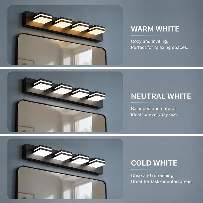 29" 4-Light Black Modern LED Bathroom Vanity Light Fixtures over Mirror | Rotatable Heads, 3 Color Temperatures, Wall Mount, Square Shade Design