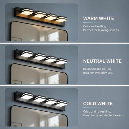 29" 4-Light Black Modern LED Bathroom Vanity Light Fixtures over Mirror | Rotatable Heads, 3 Color Temperatures, Wall Mount, Square Shade Design