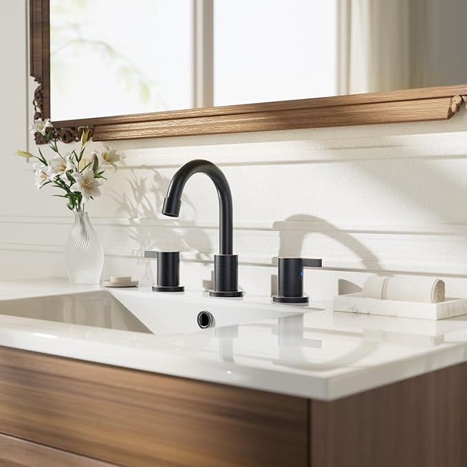 Phiestina 8 Inch 2 Handles 3 Hole Widespread Bathroom Faucet with Valve and Metal Pop-Up Drain, Oil Rubbed Bronze, WF015-1-ORB