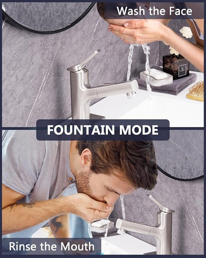 Pull Out Bathroom Faucet, Single Handle Bathroom Sink Faucet with Pull Out Sprayer, Bathroom Faucet for Sink, with Pop-up Drain & Deck Plate 1 or 4-inch Centerset 3 Hole, Brushed Nickel