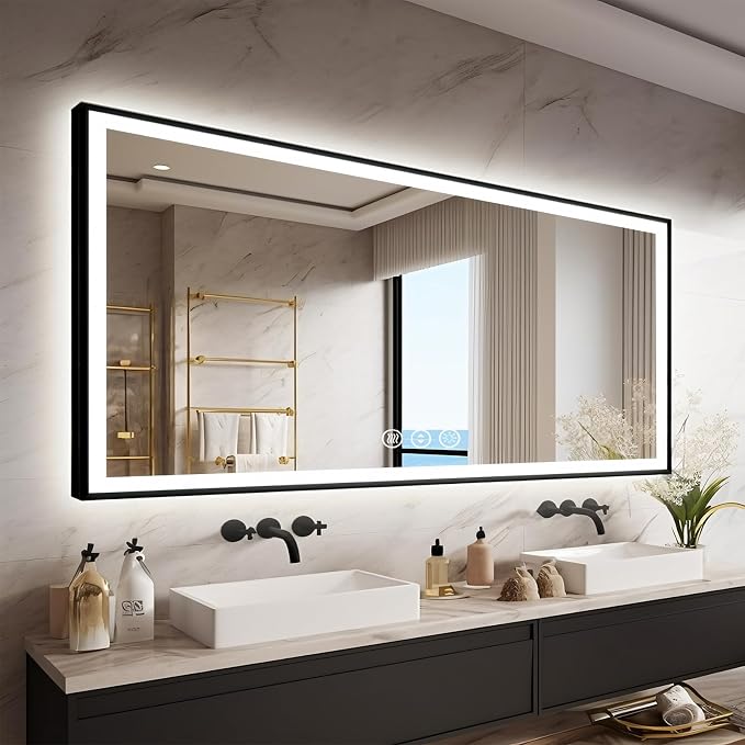 EchosLife 55x30 LED Bathroom Mirrors for Wall - Black Aluminum Framed | Black Frame, Front and Backlit, Anti-Fog, Stepless Dimmable, 3 Colors, Memory, Tempered Glass, UL Listed, Horizontal/Vertical