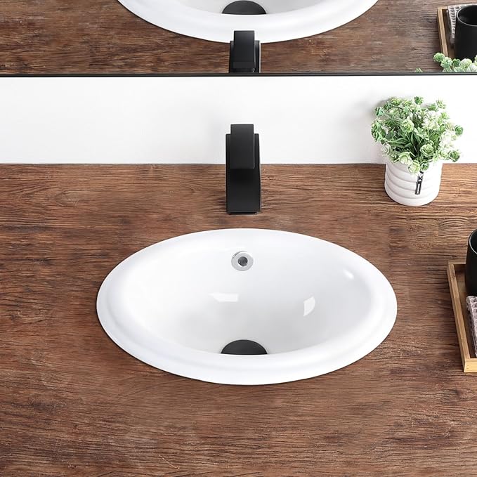Bathroom Vessel Sink 16'' x 12'' Semi Recessed Bathroom Sink Oval Drop In Sink with Overflow White Ceramic Modern Vessel Sinks for Bathroom