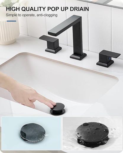 Matte Black Bathroom Sink Faucet 3 Hole, Brass 8 Inch Widespread Bathroom Faucet 2 Handle with Pre-Installed cUPC Supply Lines & Pop-up Drain for Vanity, Restroom, 10 Mins Quick Installation