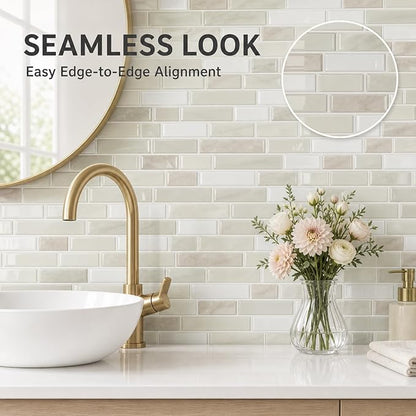 Peel and Stick Backsplash, Self Adhesive 10 Kitchen Tiles 12''x12'' | Beige Green 3D Wall Tile Back Splash for Kitchen, Bathroom, Laundry Room